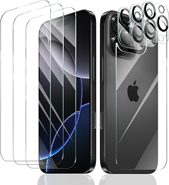 3+3+1-Pack, Screen Protector and Camera Lens Protector for iPhone 16 Pro Max with Back Tempered Glass Film, Impact-Protection, HD, Anti-Scratch, 9H Hardness, Case Friendly, Bubble Free