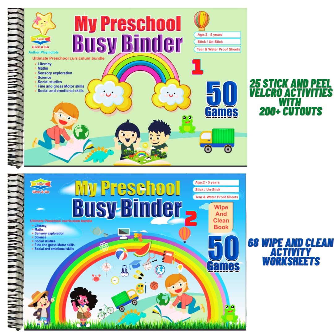 OMNY My Preschool Busy Book, Busy Binder For Kids, 2 books and 90+ Interactive activities for Age 2 to 5 Years,Montessori Book, Early Learning Bundle covers Kindergarten Curriculum, Wipe and Clean Laminated Work Sheets with Hook and Loop sticker, 200+ Child's safe Cutouts, Water and Tear Proof