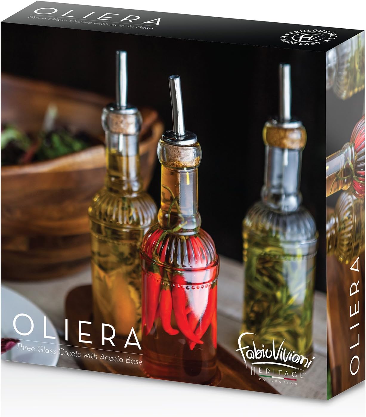 Fabio Viviani Oliera 3-Bottle Cruet Set with Acacia Stand