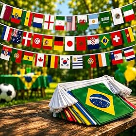 Varal Bandeirinhas Todos Paises 32 Bandeiras Premium 10m Copa do Mundo Decoração Poliéster