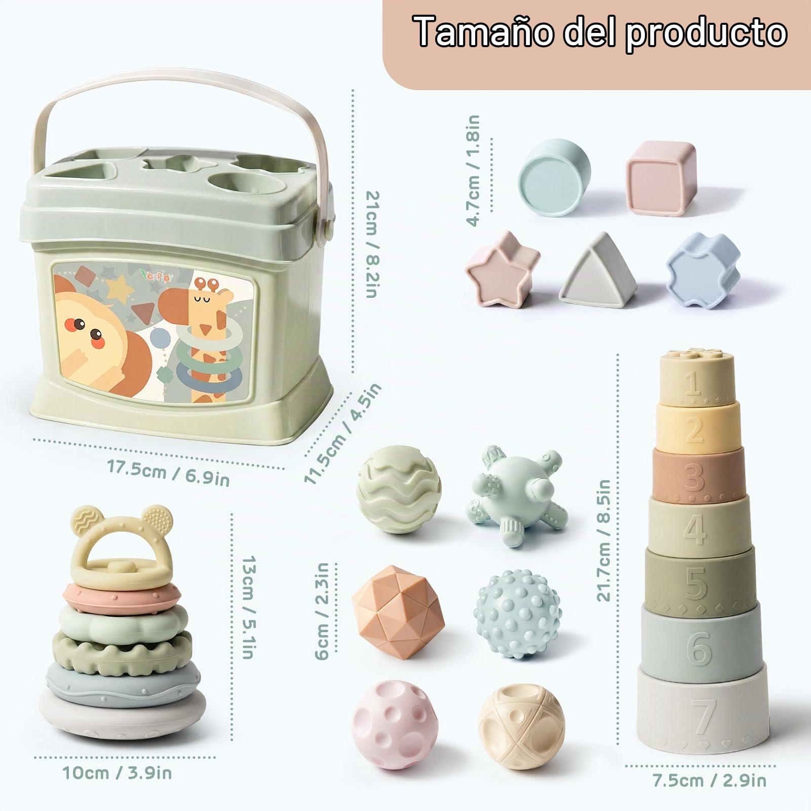 Vanplay Juguetes Bebes 6-12 Meses, Juguetes Montessori 4 en 1 con Juguetes para Apilar y Encajar, Regalo Bebe 6-12 Meses