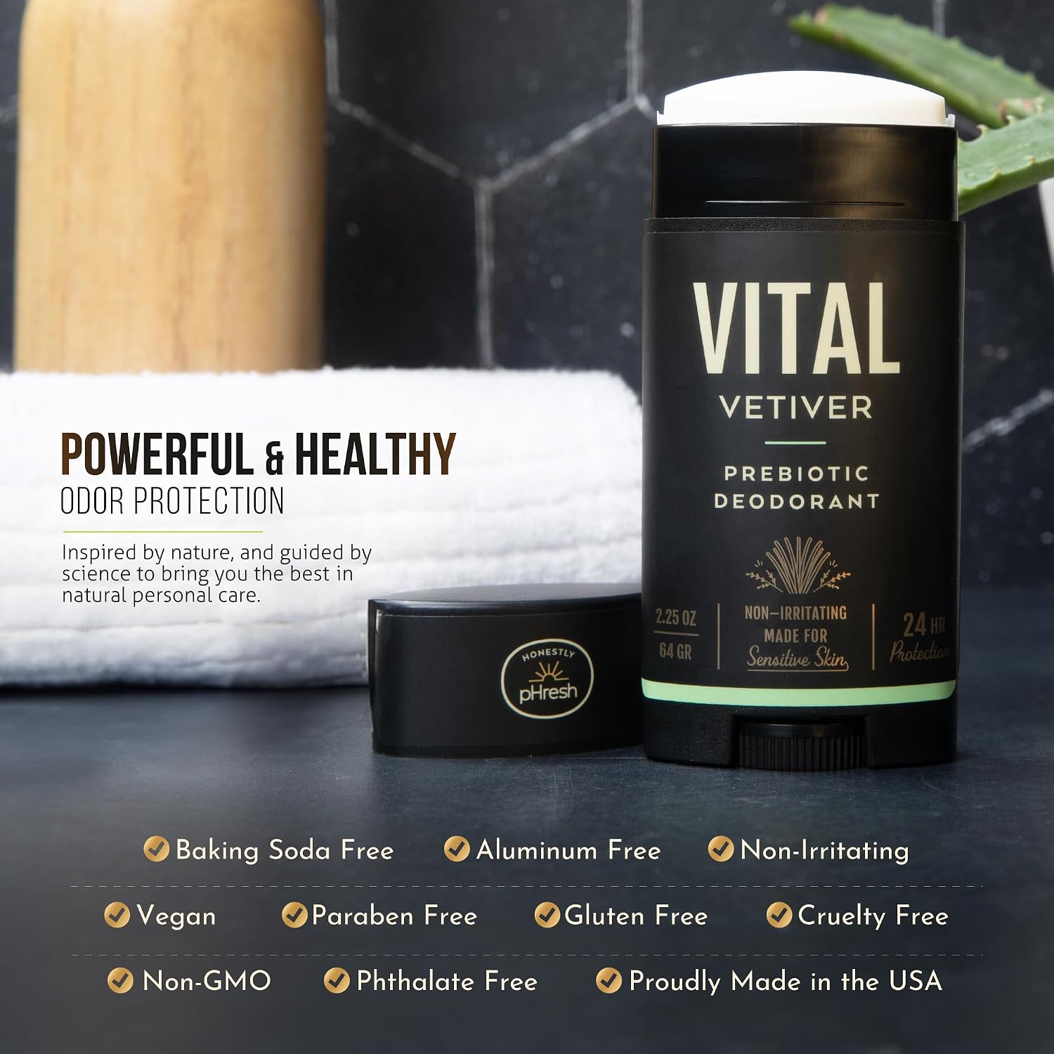 Honestly pHresh Prebiotic Natural Deodorant for Men – Aluminum & Baking Soda Free with 24 Hour Odor Protection. Clean Vegan Deodorant for Sensitive Skin. Made In USA – Vital Vetiver Scent, 2.5 oz