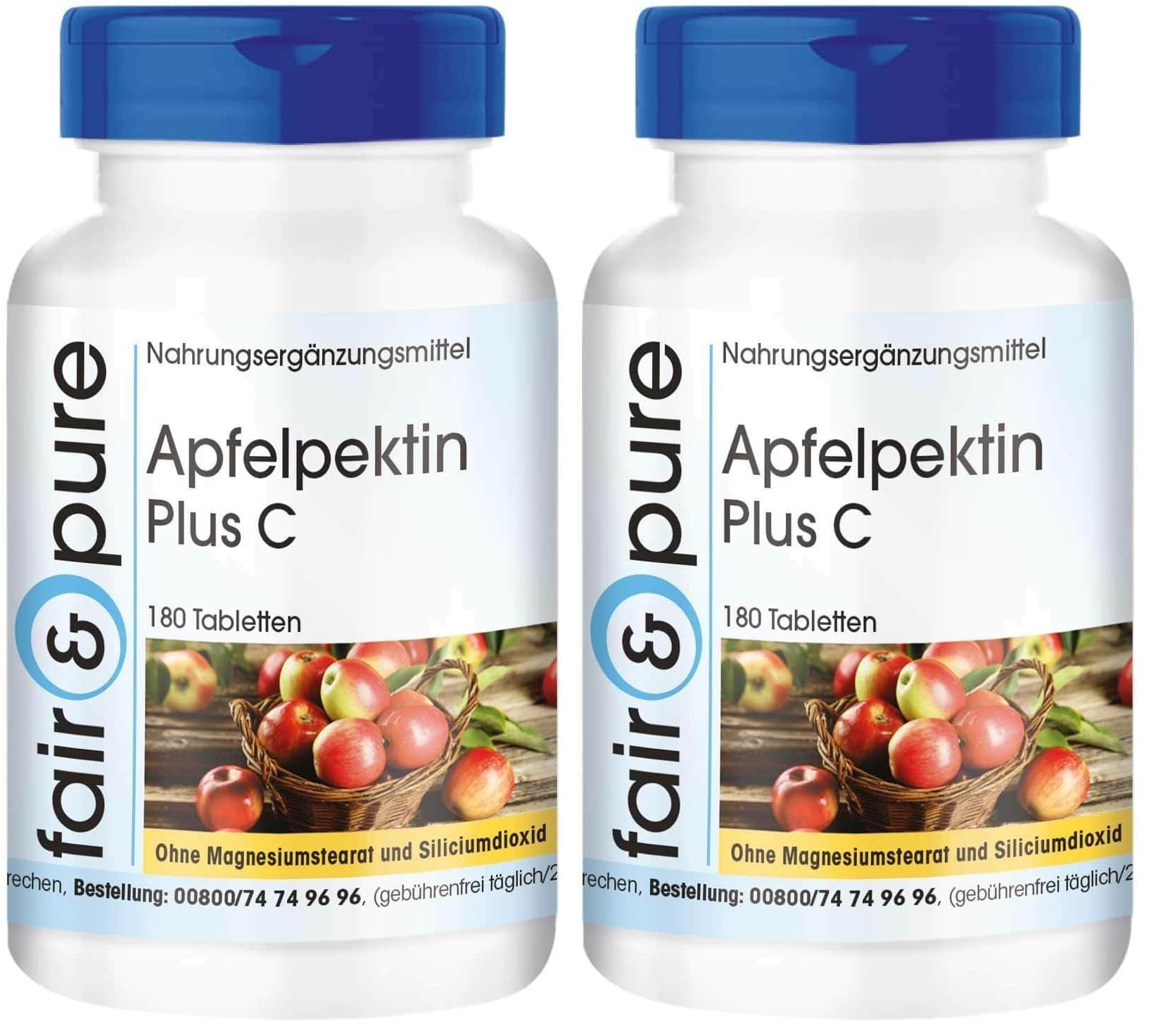 Fair & Pure Apfelpektin Plus C mit Vitamin C und Calcium, 180 Tabletten, Nahrungsergänzungsmittel vegan ohne Magnesiumstearat, in Deutschland hergestellt (Packung mit 2)