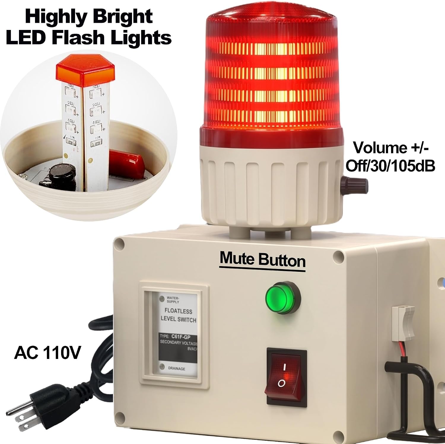 105dB High Low Pressure Alarm 0-1.6Mpa Gauge for Air Gas Oil Water Septic | 110V Oil Gas Air Pressure Detector Sound Light Alarm for Industrial Pipeline Tank, Adjustable Volume, Mute Button, Adapter