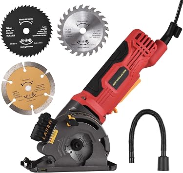 480W 3700RPM Mini Circular Saw with Corded 4 Amp Electric Compact Circular Saw with Guide Scale Ruler Vacuum Port for Cutting Wood Tile Plastic Soft Metal 3 Blades