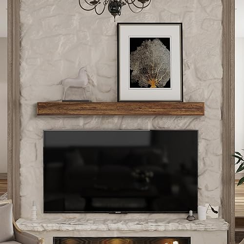 Miniatura 2 de Mantel de chimenea de 60 pulgadas, estante de madera maciza con soportes ocultos, estantes flotantes para decoración de pared, dormitorio, TV, sala