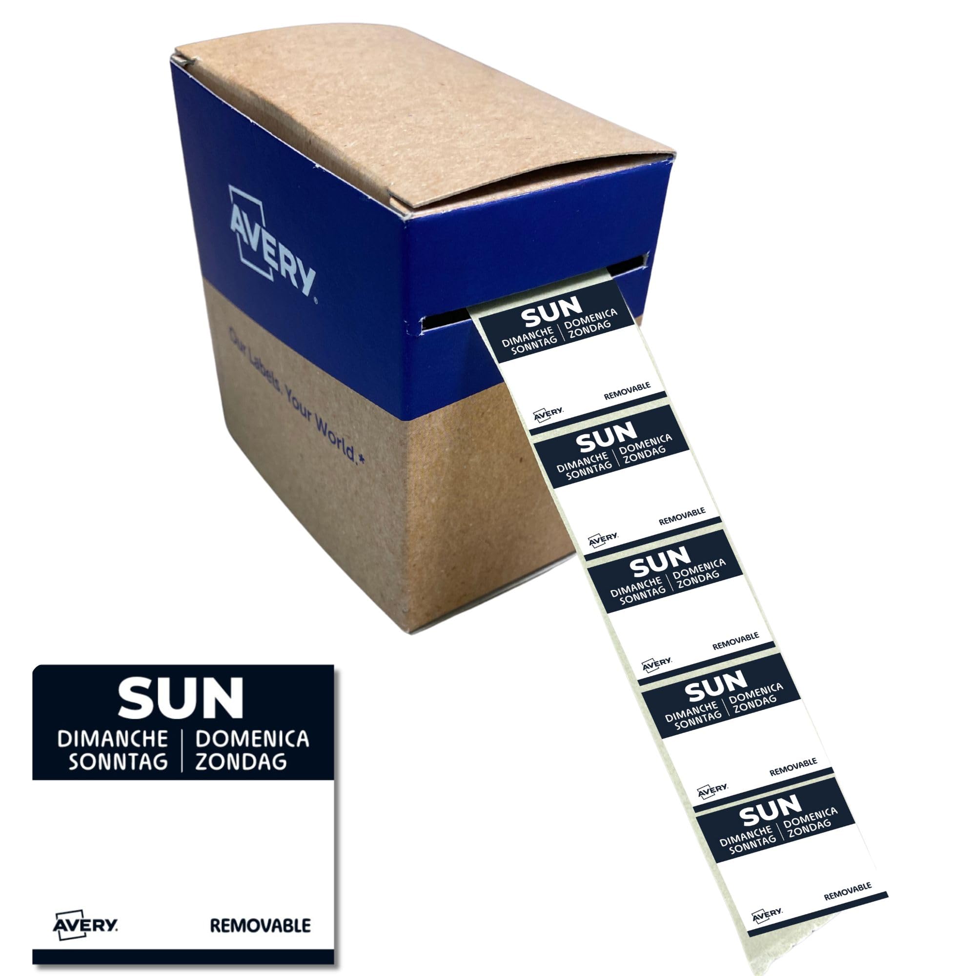 Avery Removable, Hand Writable, Food Day Labels, Sunday, Strong Adhesive, 25 x 25 mm, Black, 1000 Labels, Preprinted Design (DLSSUNREV-1000)