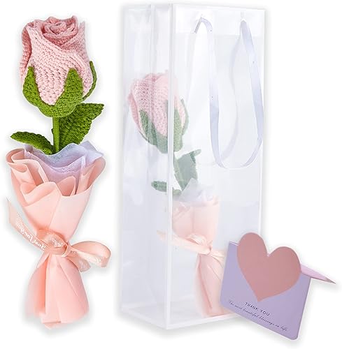 Nurluce Crochet Flower Boquet Gift for Women Hand Knitted Artificial Fake Forever Roses with Gift Bag and Card Finished Hand Woven Rose Flowers Gift
