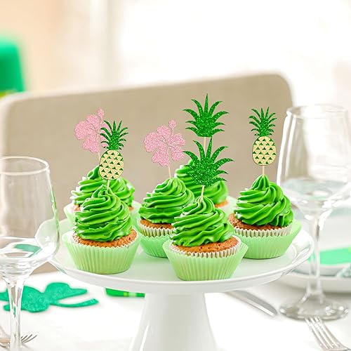 Miniatura 4 de Gyufise Paquete de 24 adornos tropicales para cupcakes con purpurina de hojas de piña Aloha para cupcakes para verano, temática hawaiana de Luau,