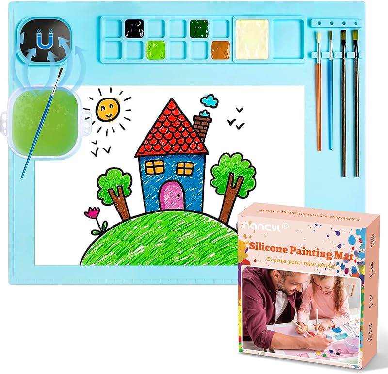 Silicone Art Mat with Cup, Painting Mat for Crafts Resin Casting | Artist Mat with Pen Holders for Kids Gift, Clay, DIY Creations and Play Doh, Christmas Gift for Kids (Blue)