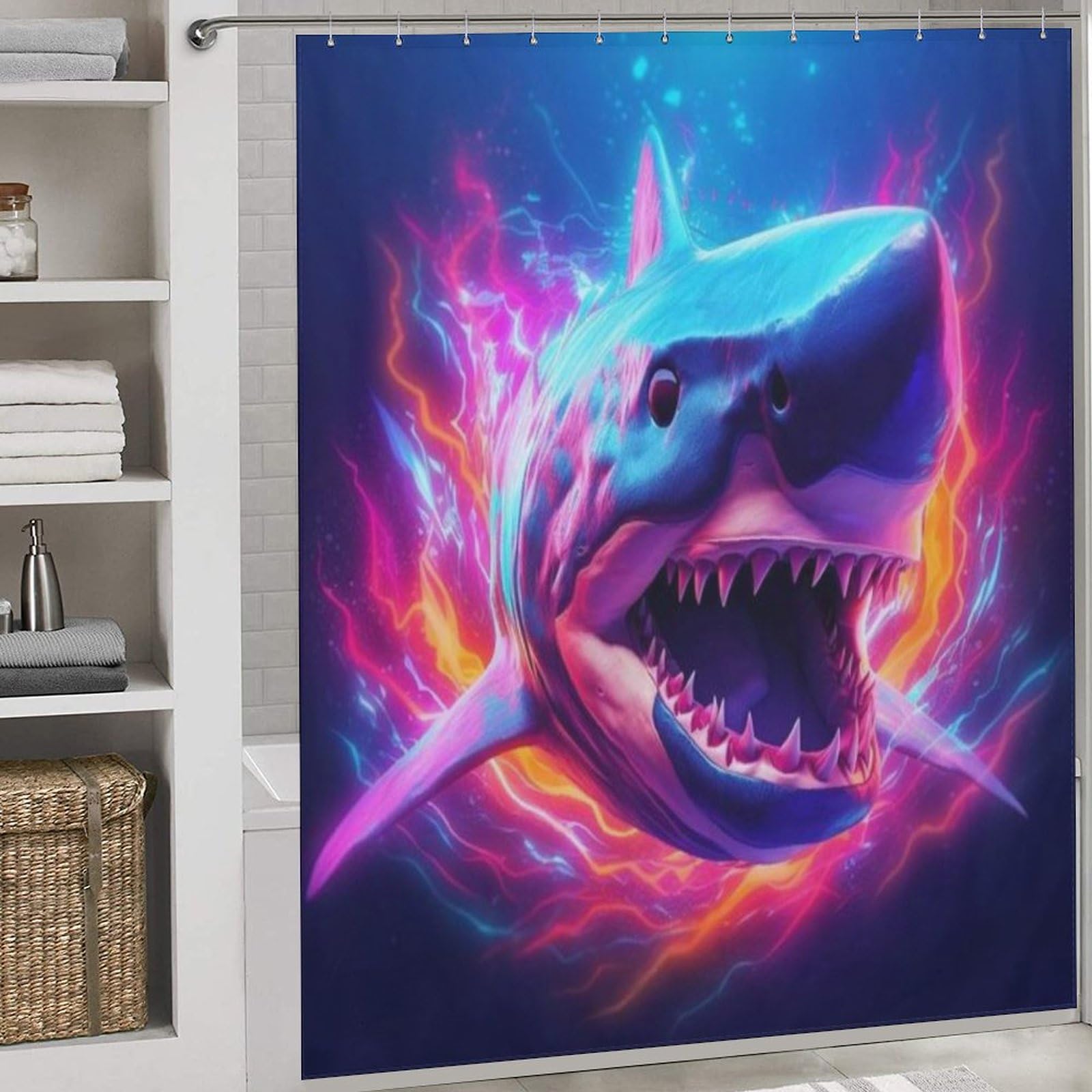 Rideau de douche requin pour baignoire créant une ambiance marine ludique dans votre salle de bain