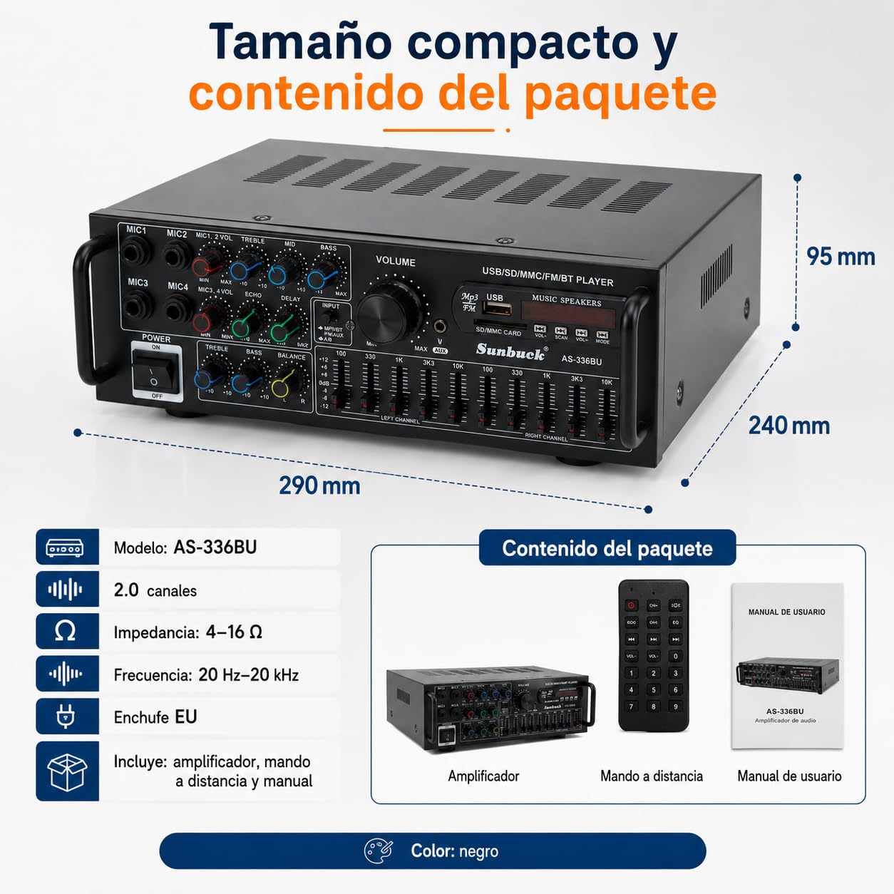 amplificateur hifi stéréo avec Bluetooth 5.0 2000 W récepteur audio karaoké FM USB SD AUX, préamplificateur mélangeur EQ 5 bandes, 4 mir, amplificateur avec boîtes, tuner