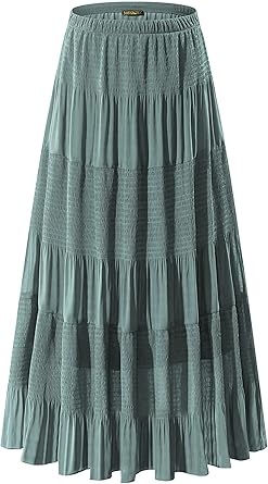NASHALYLY Women's Chiffon Elastic High Waist Pleated A-Line Flared Maxi Skirts