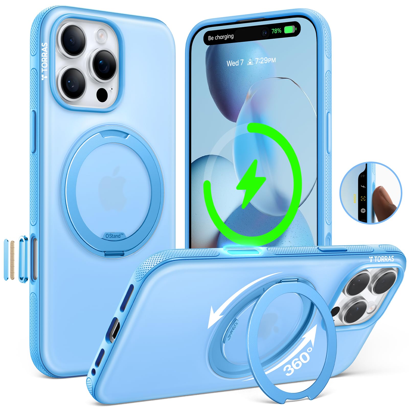 TORRAS O3 Fitness for iPhone 16 Pro Case Magnetic Stand, Fit for MagSafe, 360 Rotatable Stable Stand, Camera Control Button, Military-Grade Shockproof, Slim & Sleek, Coastal Blue Translucent