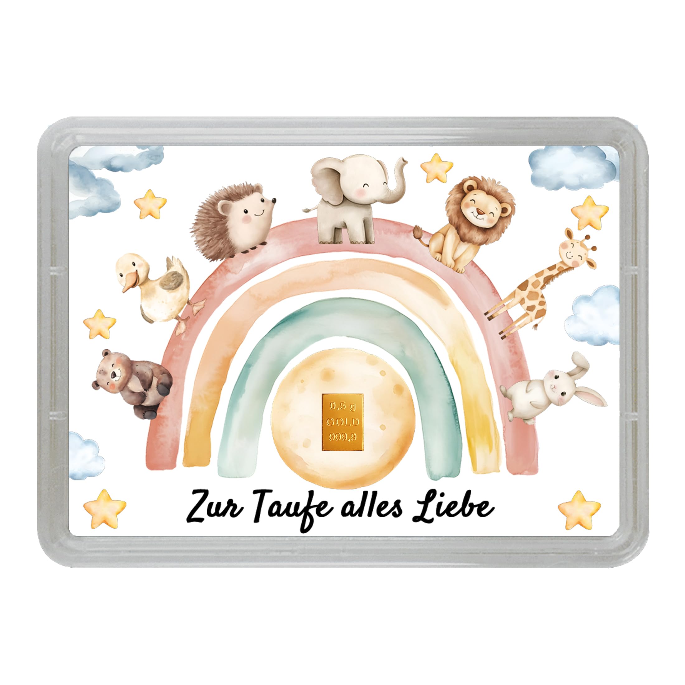 Motivbox zur Taufe mit 0,5g Goldbarren – „Zur Taufe alles Liebe“ – niedliche Tiermotive – Echtheitsgarantie von Goldstücke24 – Geschenkidee für Taufe mit goldener Grußkarte & Geschenkbeutel