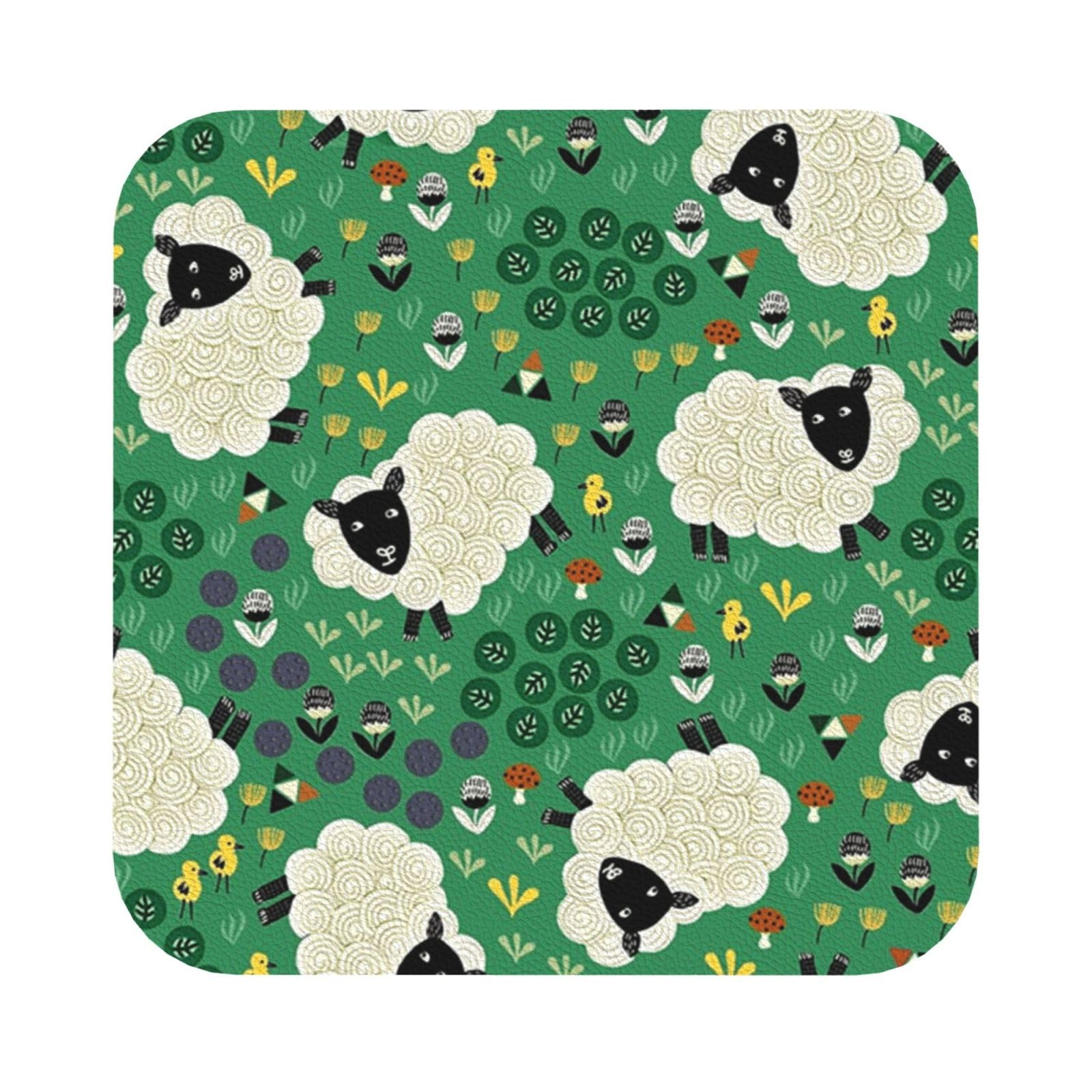 Cute Cartoon Sheep PU Leather Coasters Set of 6 Square Drink Coasters