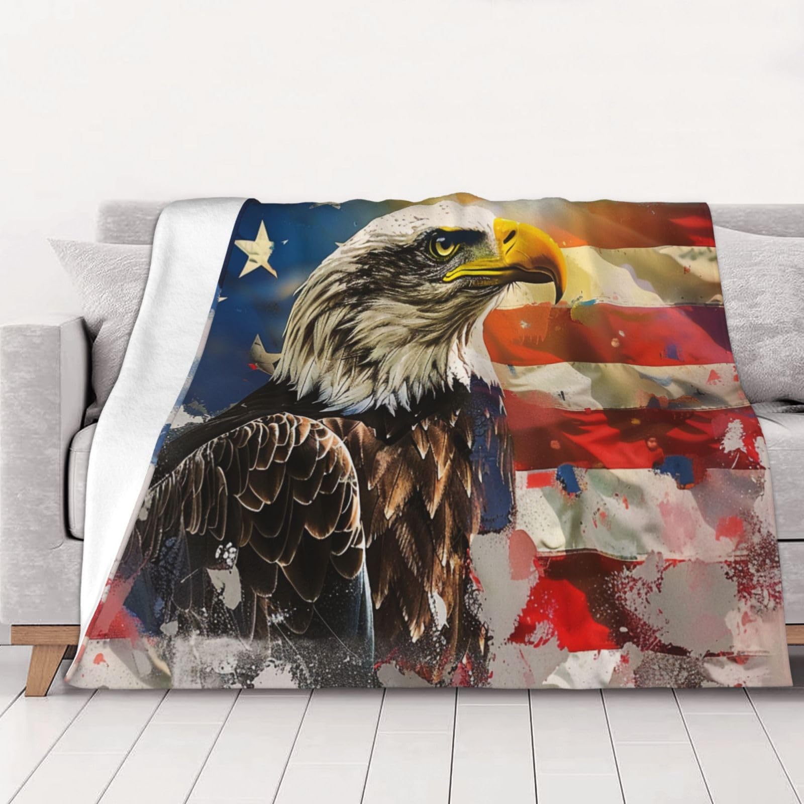 AUBKFELD American USA Flag Eagle Art Printed Flannel Blanket 125x100 CM, Soft & Warm Throw Blanket for Sofa/Couch/Bed/Car, Gifts for Audlts Women Men