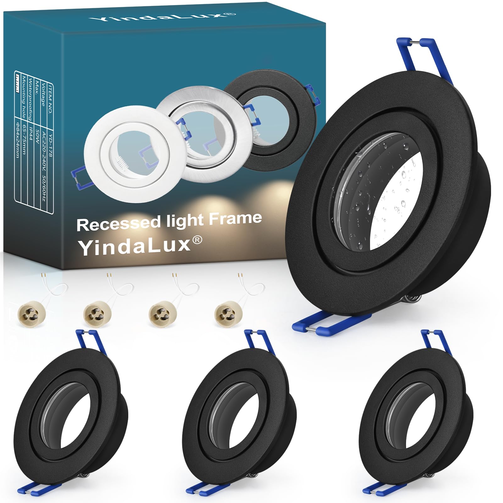 YindaLux 4 Pack GU10 Downlight Frames IP44 Black, Aluminium Recessed Spotlight Bezels for Bathroom, 230V Ceiling Spots with GU10 Holder, Ø84mm, Cut-Out 65-75mm, Bulb Not Included