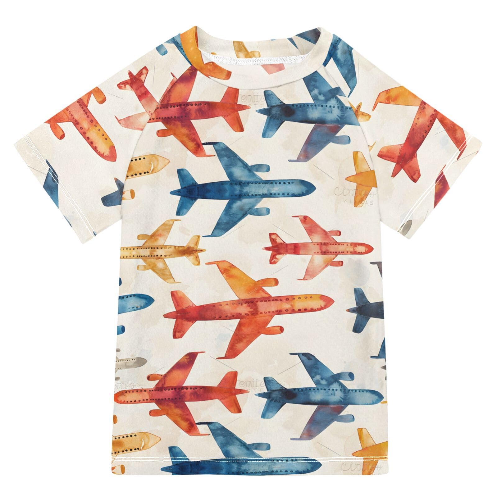 Boys Rash Guard Short Sleeve Swim Shirts for Boys Plane Watercolor Sun Protection 7-8T