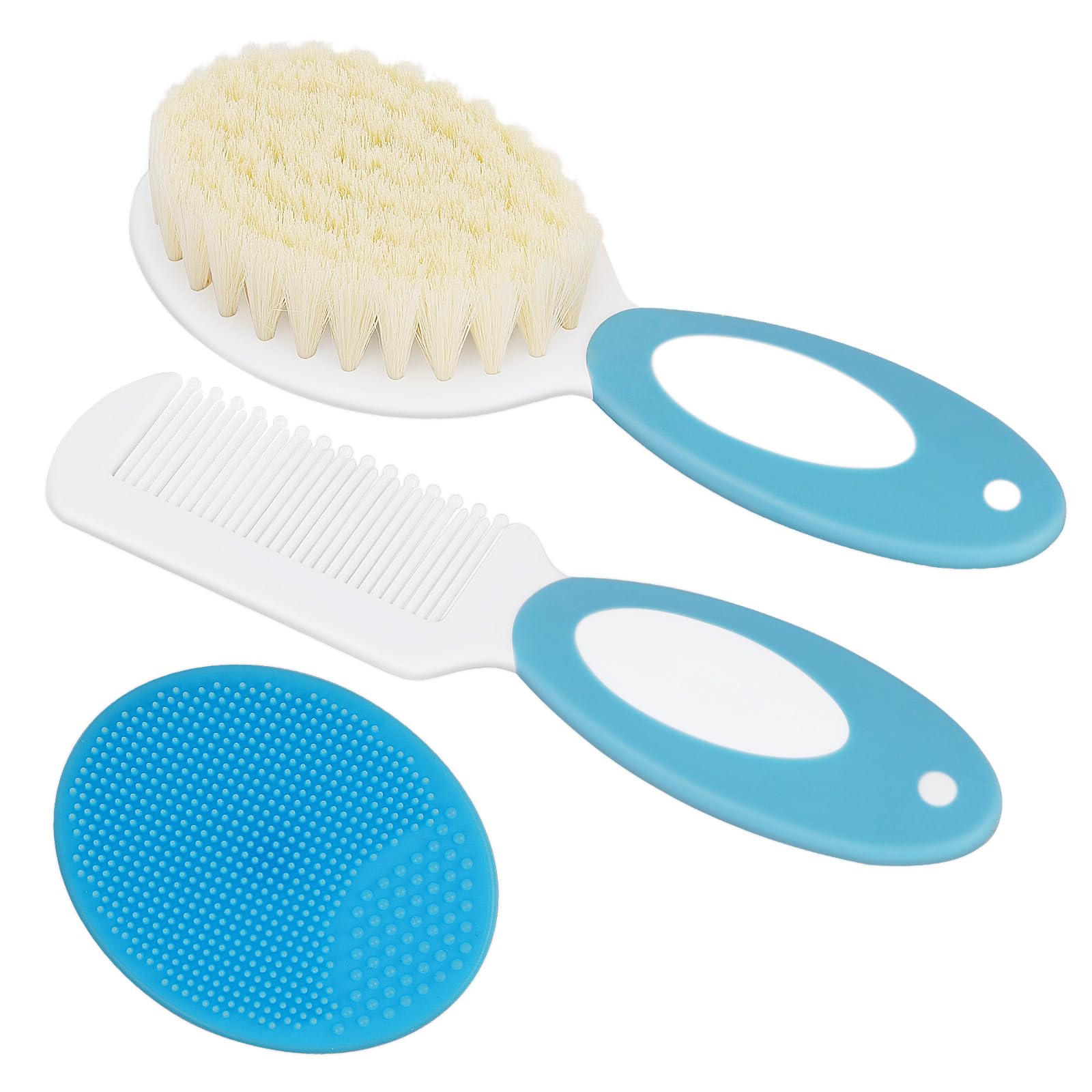 3PCS Ensemble Brosse à Cheveux et Peigne pour Bébé, Brosse à Cheveux avec Poils Naturels Doux, Manche Antidérapant, Cadeau de Fête Prénatale, Ensemble de Soin des Cheveuxs, B