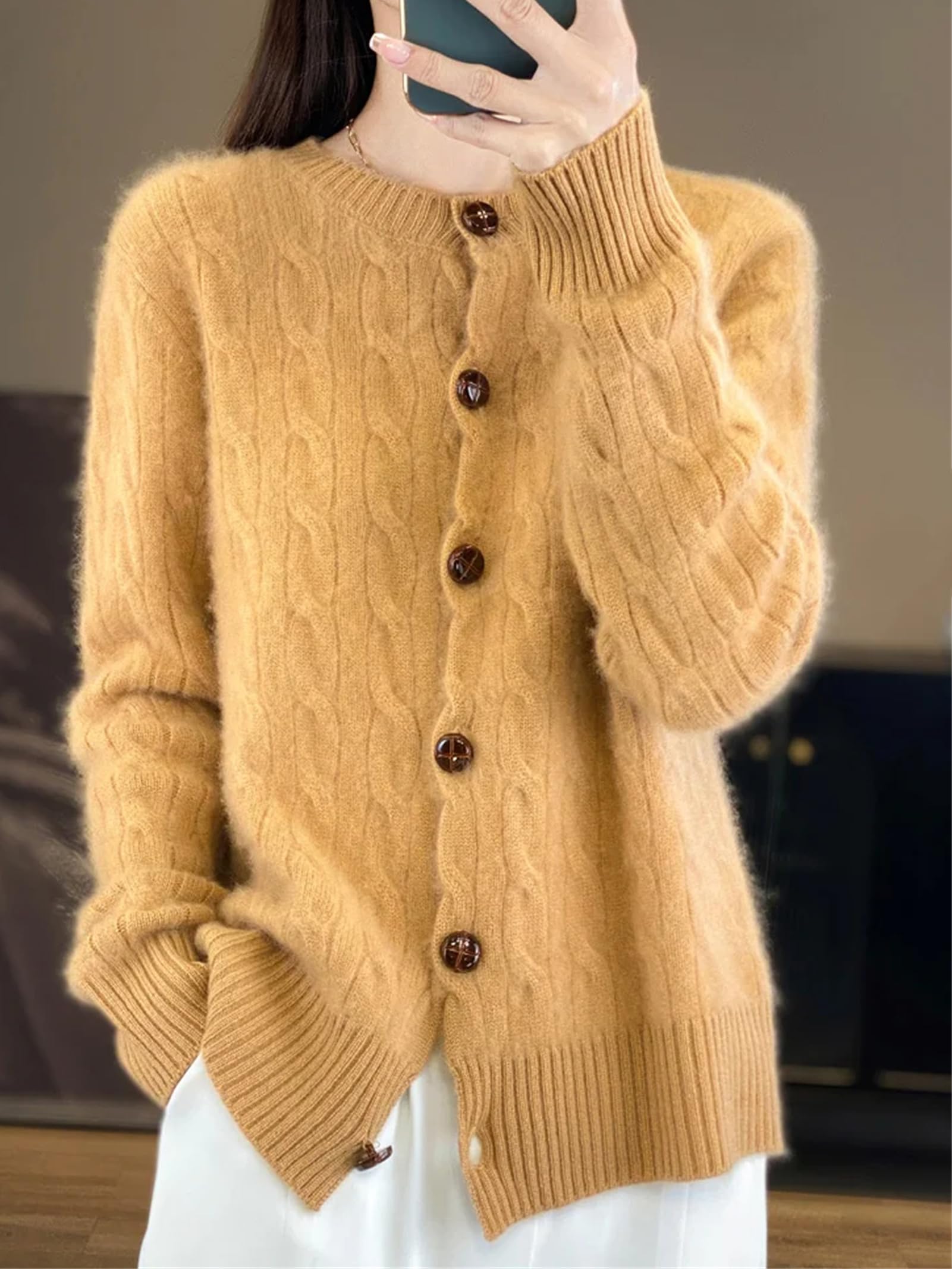 Cardigan da donna in 100% cashmere, a maniche lunghe, alla moda, casual, a maglia grossa, per capispalla