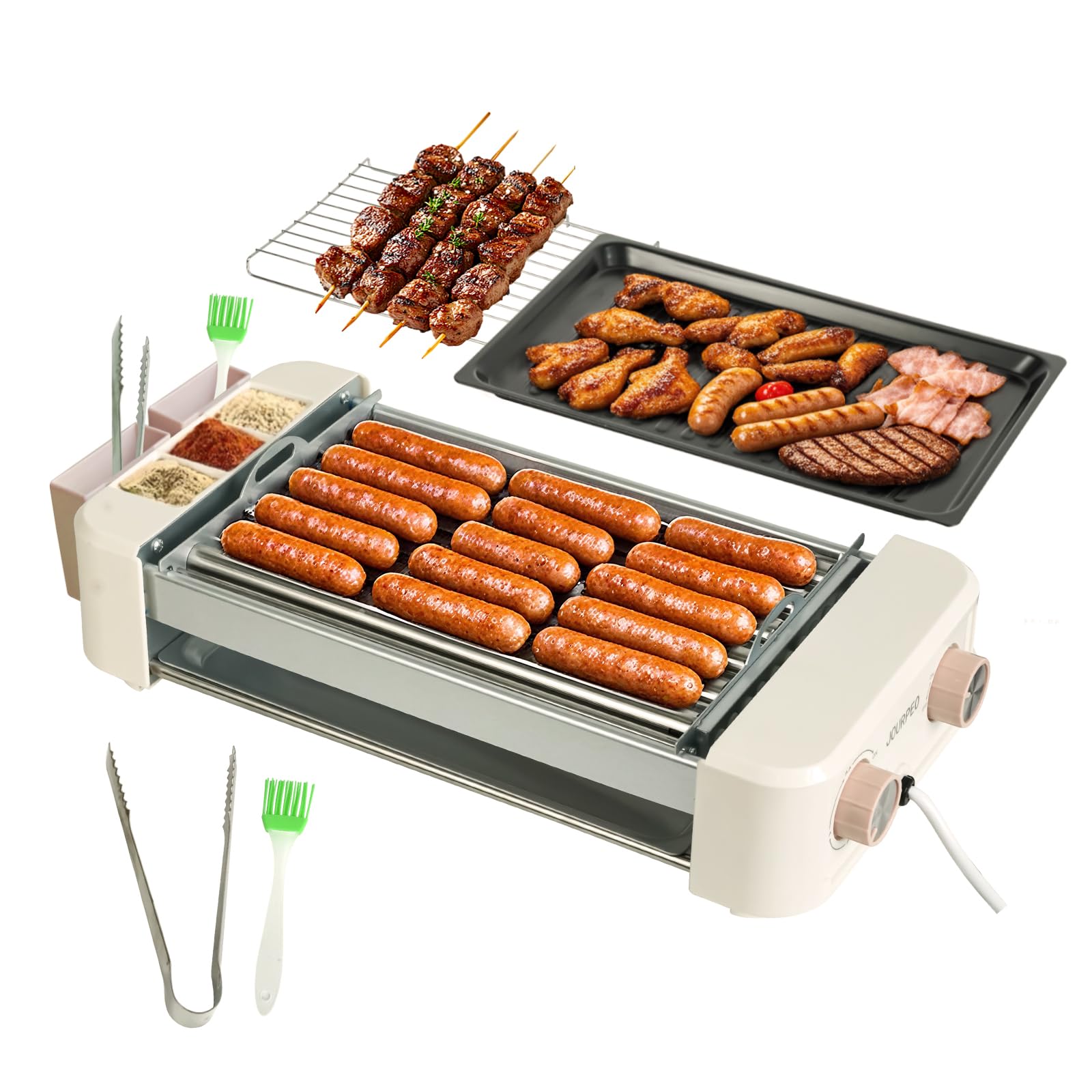 Rodillo eléctrico para perros calientes, 6 rodillos, parrillas 3 en 1 para interiores, portátil, con parrilla extraíble antiadherente y sin humo y placa de parrilla de barbacoa, máquina de