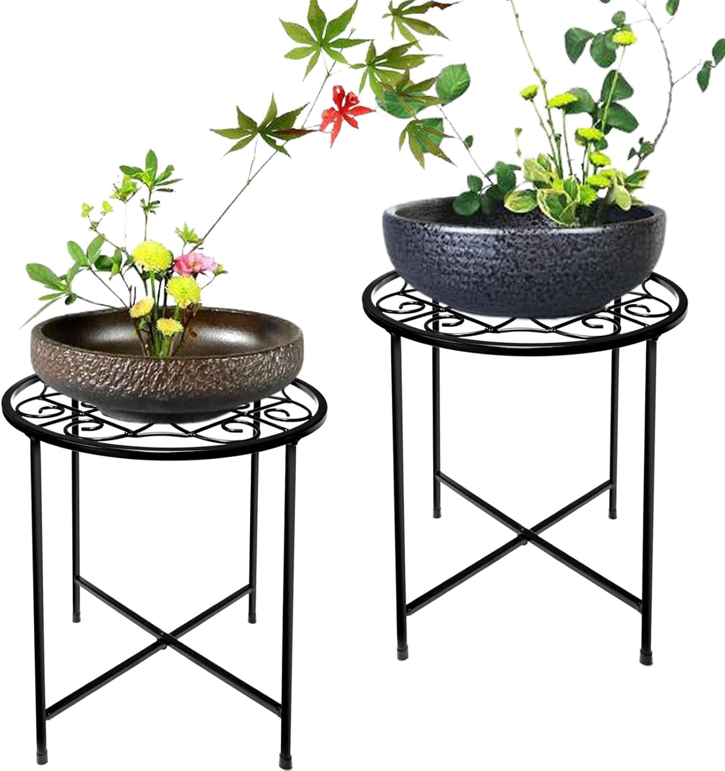 15" Tall Metal Plant Stand, 2 Pack 11" Wide Round Plant Stand for Flower Pots Up to 100lbs, Rustproof Iron Plant Holder for Indoor Outdoor Use, Easy Assemble Flower Stand for Home Garden Display
