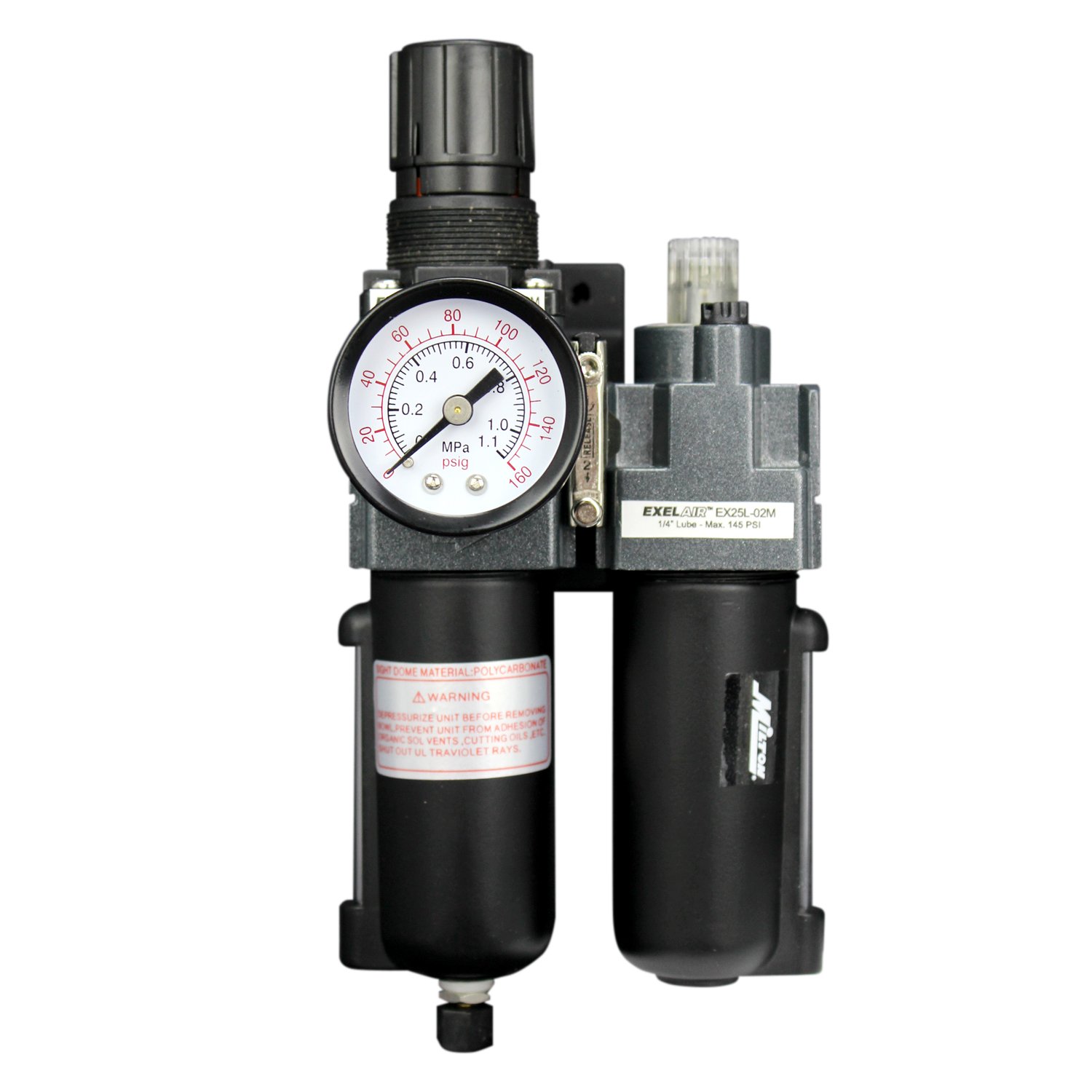 EXELAIR by Milton FRL (Mini/Piggyback) Air Filter & Regulator w/Lubricator - 1/4" NPT - Metal Bowl, Automatic Float (EX25PBL40A-02M)