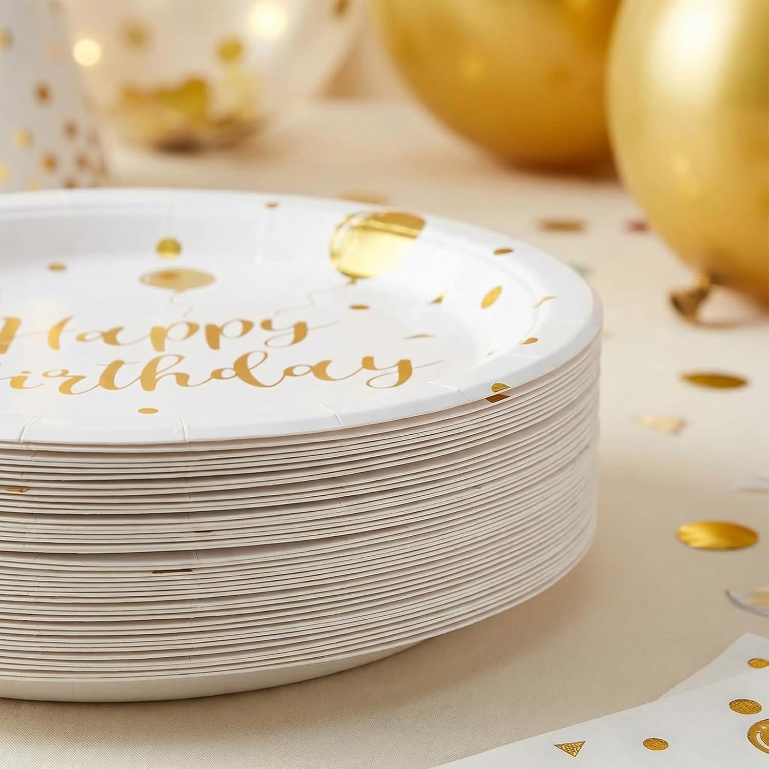 Bourns 100PCS Birthday Decorations Plate Set,Happy Birthday Plates and Napkins Party Supplies, Gold Accent Design Serve 25 Guests(White) - Image 7