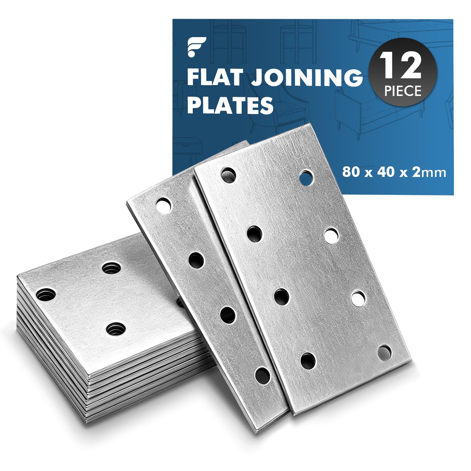 shinfly 12 Flat Brackets for Wood, 80 x 40 x 2 mm Flat Joining Plates