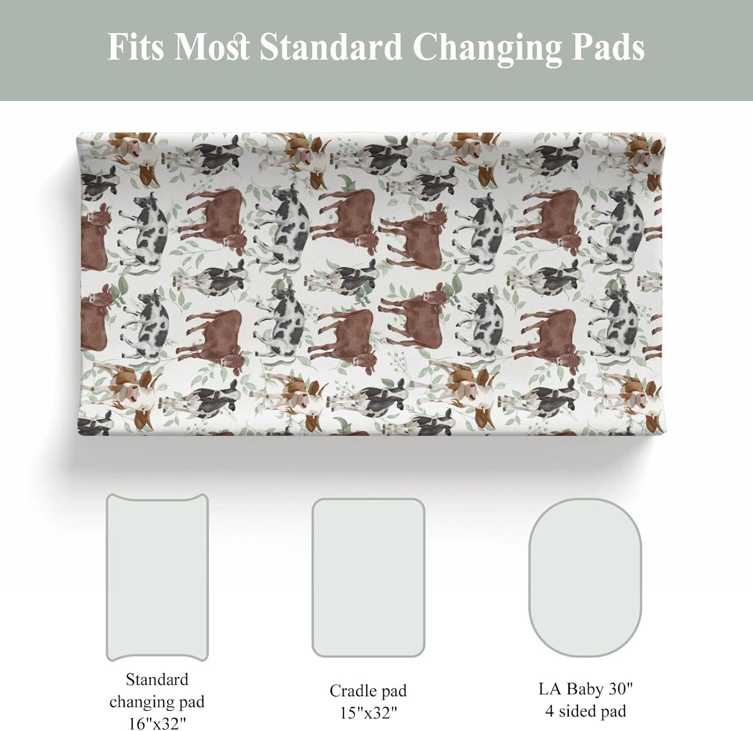 Watercolor Cows Green Leaves Baby Changing Pad Covers for Boys Girls Cow Yak Cattle Farm Animal Fitted Change Table Cover Mats Farmhouse Farmyard Soft Diaper Changing Pad Sheets 32''×16''