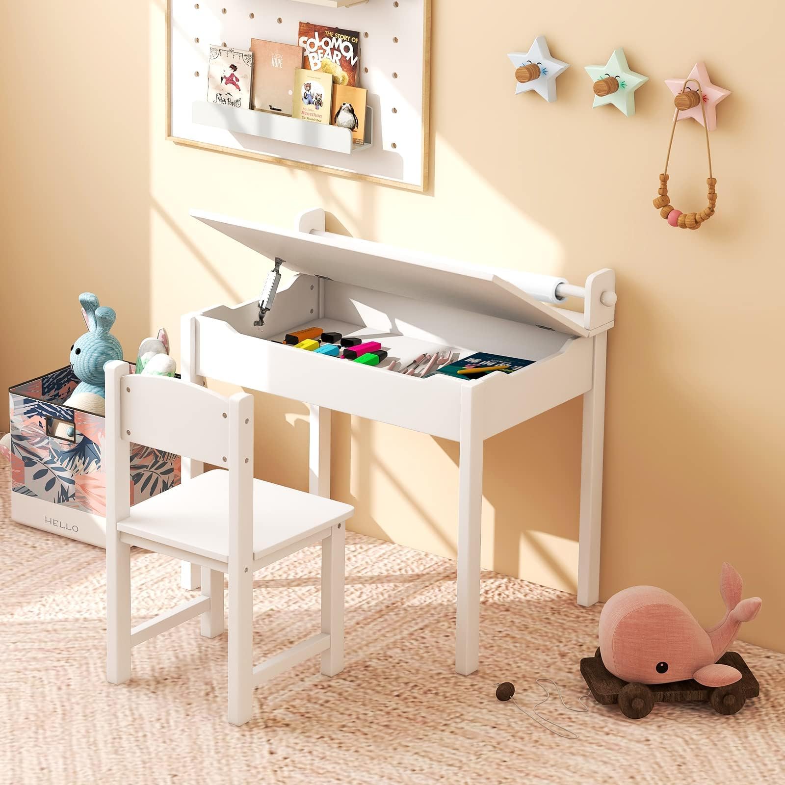 RELAX4LIFE Tavolo e Sedia D'arte per Bambini 3+ Anni con Piano Pieghevole, Scrivania e Sedia in Legno per Bambini 60 x 40 x 58 cm con Rotolo di Carta e Pennarel (Bianco)
