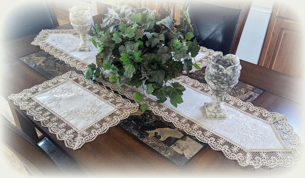 Galleria di Giovanni Lace Embroidered Dresser Scarf Mantel Shelf Table Runner Natural Beige Neutral 66 inch x 13 inch Doily