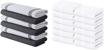 Infinitee Xclusives Kitchen Towels & Washcloths Set - 18 Pack, 100% Cotton, Grey & White, 15x25 Inches, 13x13 Inches, Durable, Machine Washable