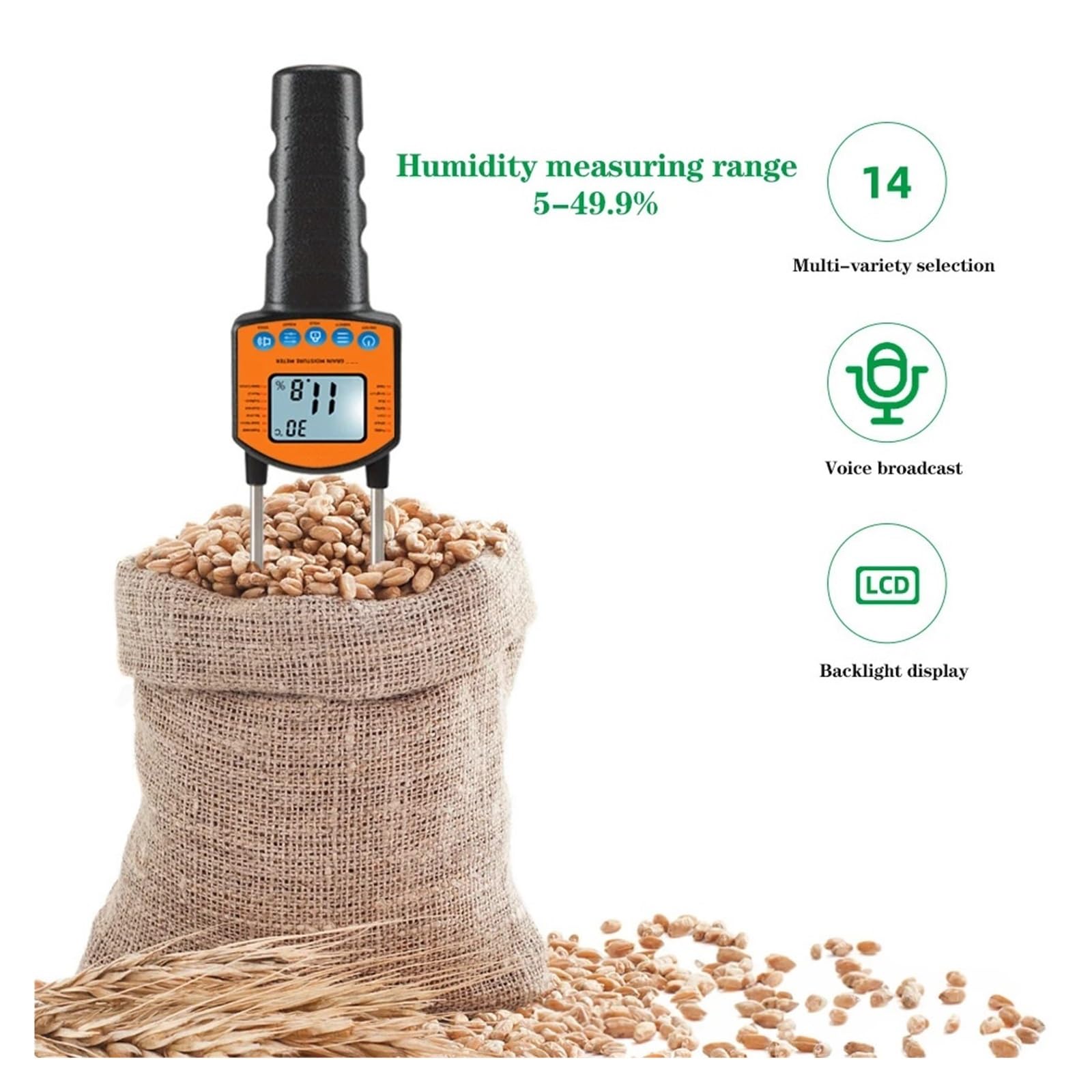 Digitales Getreidefeuchtigkeitsmessgerät Hygrometer mit Messsonde for Mais, Weizen, Reis, Bohnen, Erdnüsse, Sorghum-Feuchtigkeitstester Genau