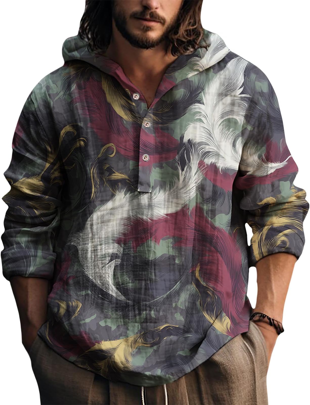 - Mens Artistic Print Hooded Sweatshirt Long Sleeve Cotton Blend Lightweight Pullover Button Top for Autumn Outfit