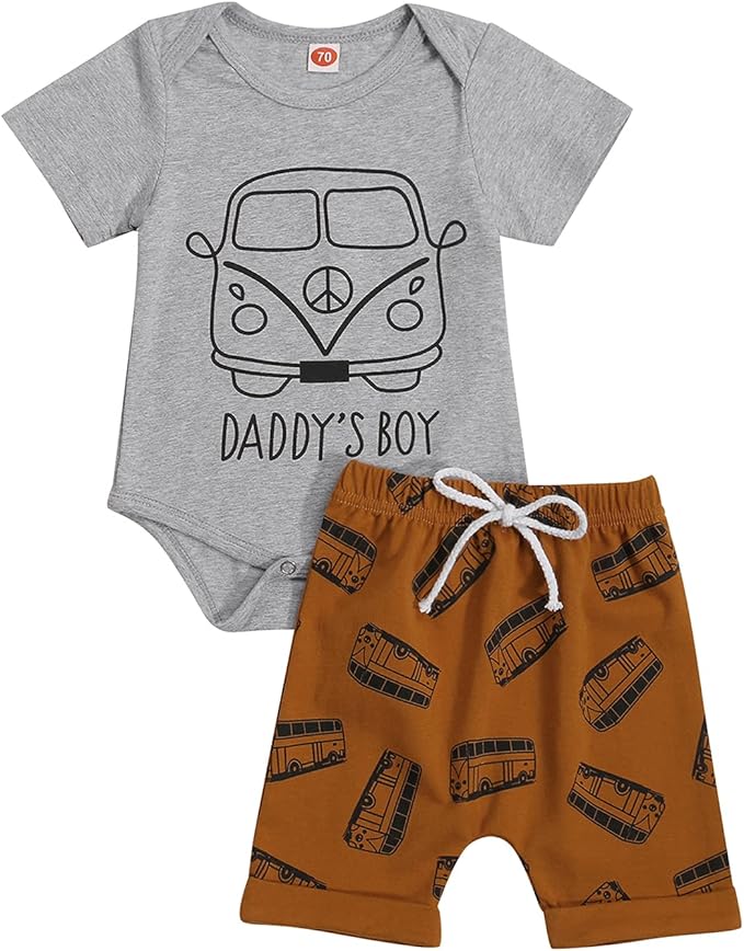 Newborn Baby Boy Summer Clothes Car Printing Short Sleeve