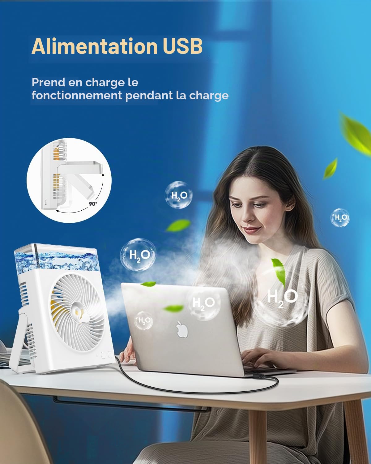 JINLICTE Ventilateur brumisateur portable, autonomie maximale de 15 h : ventilateur de refroidissement à eau rechargeable de 20,3 cm avec réservoir d'eau de 600 ml, alimenté par batterie USB