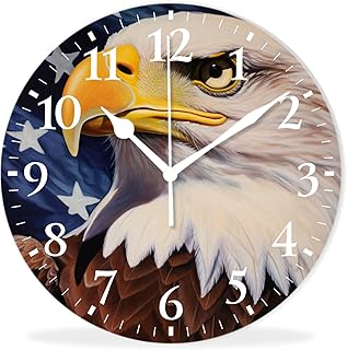 Battery Operated Analog Wall Clocks Non-Ticking Quiet Clock Decorative for Bedroom,Office,Bathroom-American Flag with Sharp Bald Eagle(12inch)