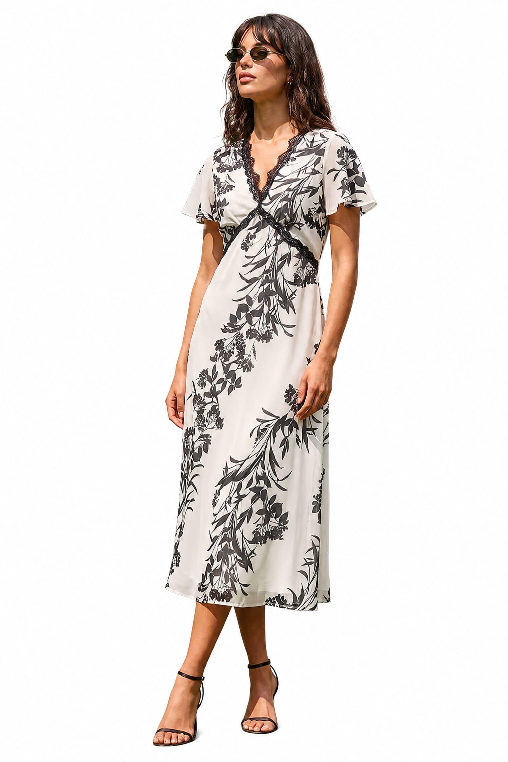 Roman - Women's Chiffon Midi Dress - Floral Print - White - Size 18