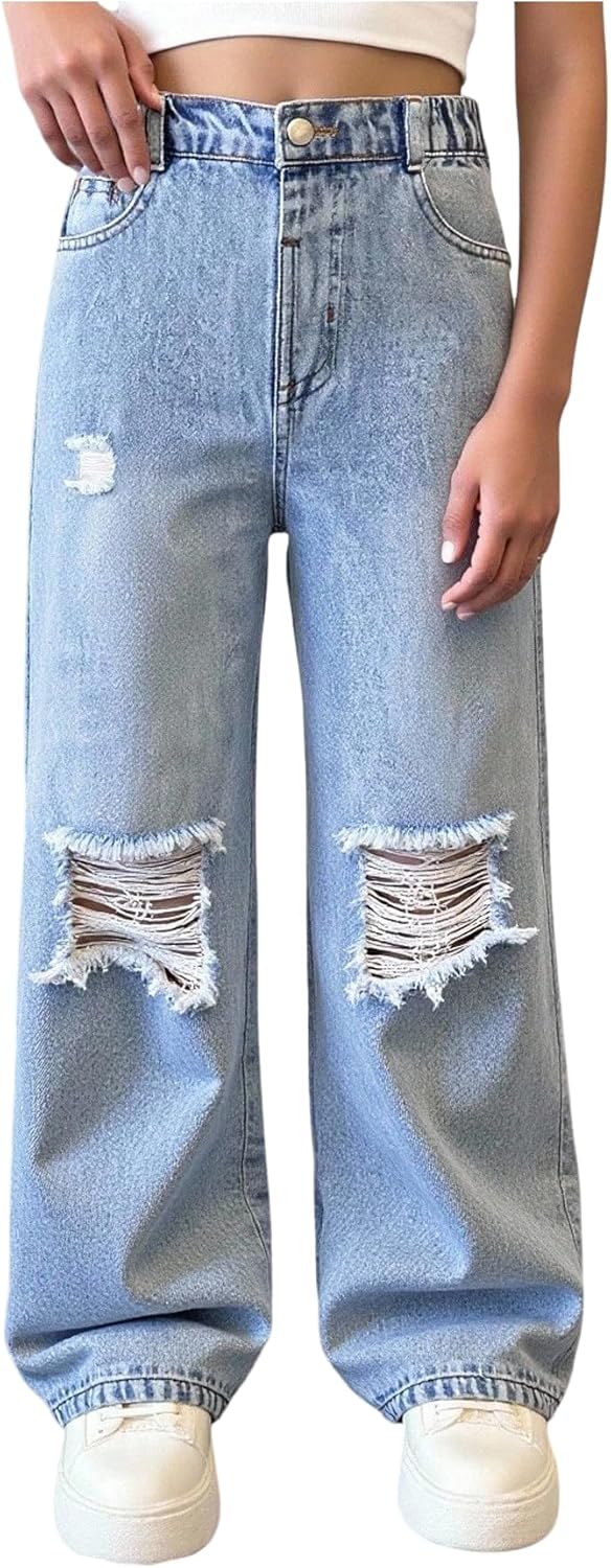 RoseSeek Girl's Washed Distressed Jeans Straight Leg Ripped Denim Pants Casual Trousers with Pockets