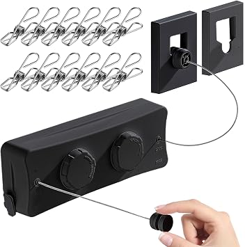 Retractable Clothesline - Heavy Duty 44lb Dual 304 Stainless Lines,16.7ft Anti-Sag Design,Install for Indoor/Outdoor Use Black, Dual Lines