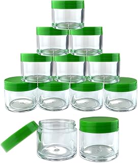 12 Piece 1 oz. USA Acrylic Round Clear Jars with Flat Top Lids for Creams, Lotions, Make Up, Cosmetics, Samples, Herbs, Ointments (12 Pieces Jars + Lids, GREEN)