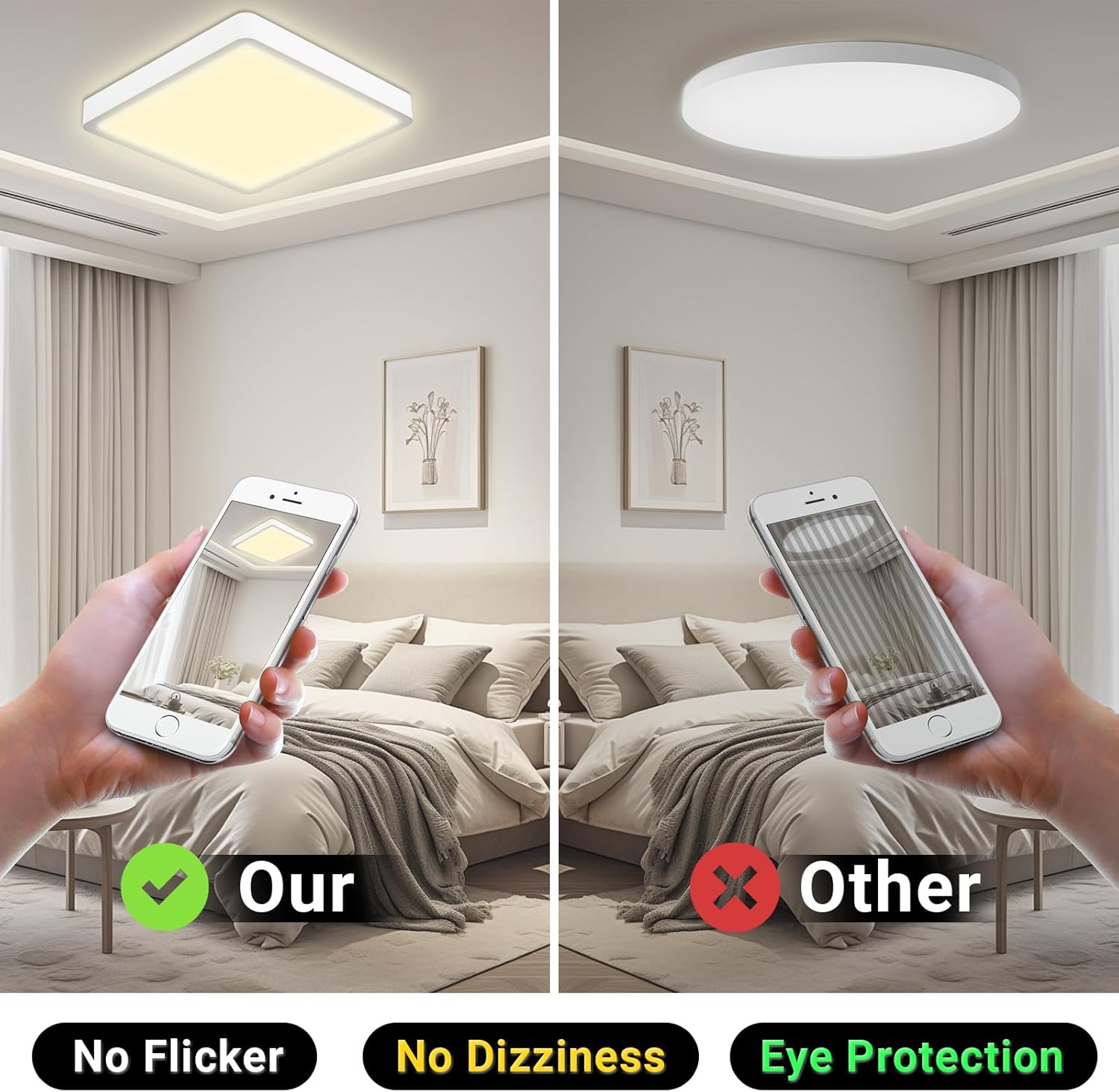 Comparison image showing a phone screen reflecting a non-flickering light (Our) versus a flickering light (Other), illustrating eye protection features.