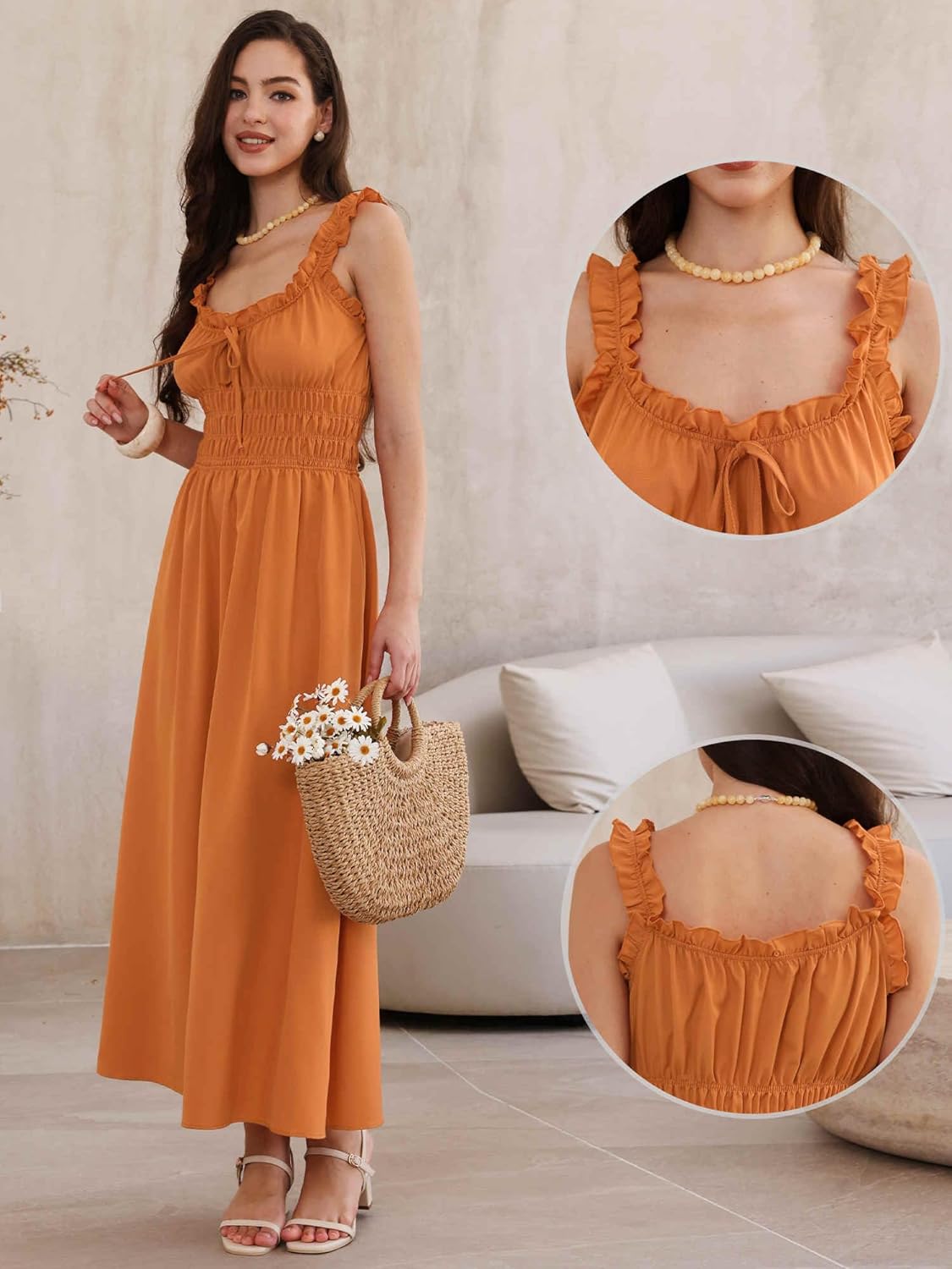 Allegra K Boho Maxi Dress for Women Spaghetti Strap Square Neck A Line Flowy Smocked Dresses - Image 4