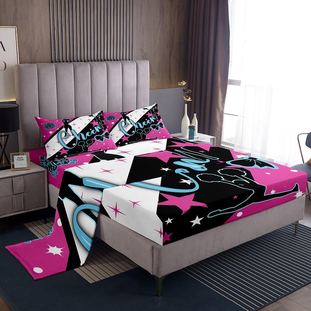 Cheerleading Bed Sheets Set Twin Size Kids Cheerleader Fitted Sheet with Deep Pocket for Boys Girls Teens Cheer Bedding Set Breathable Botanical Bedroom Decor Bedclothes