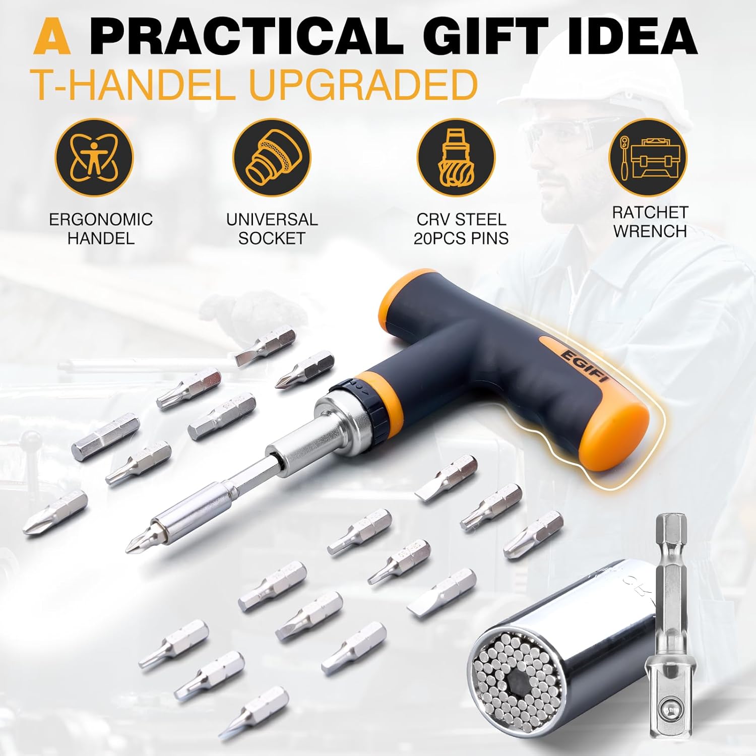 Gifts for Him, Universal Socket Tool Set, Multifunction Adapter to Unscrew Any Bolt, Christmas Stocking Stuffers for Men Adults, Cool Birthday Gadgets for Boyfriend Handyman, 25 PCS Yellow, Silver