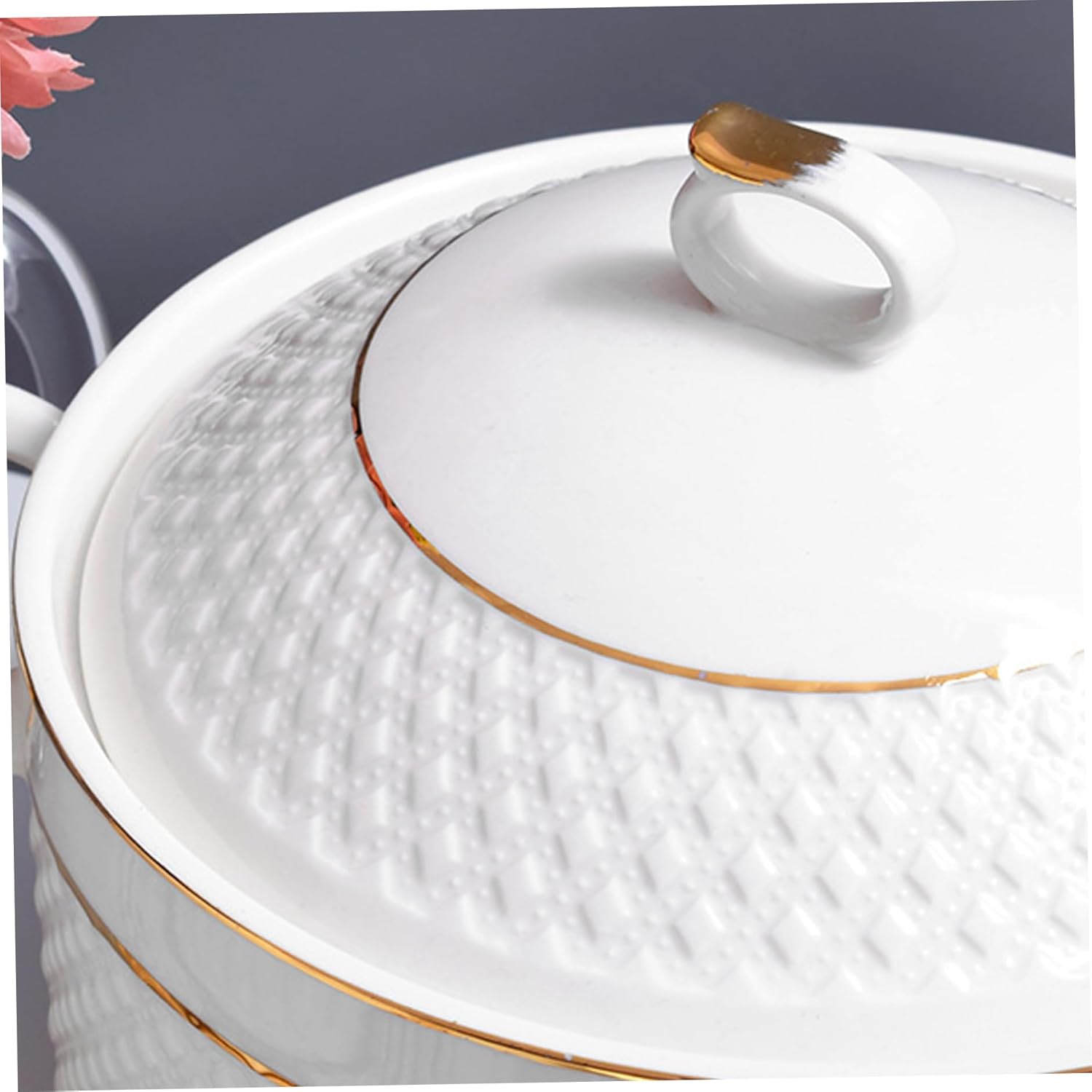 Tureen, Ceramic, 1.5L White Serving Bowl with Gold Border, Double Handle, Soup Tureen with Lid and Ladle Set for Pasta, Soup