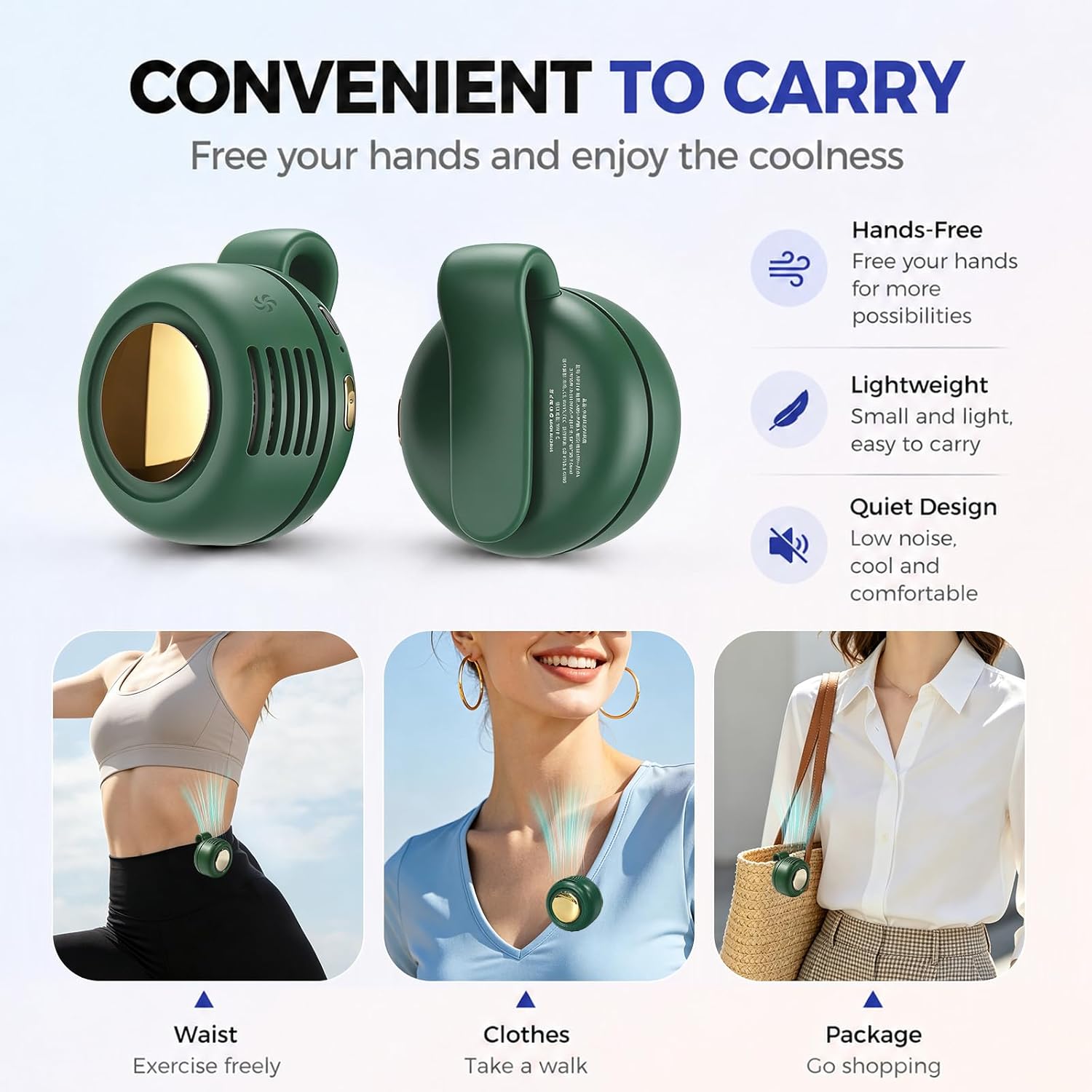 Portable Clip-on Fan, Silent Bladeless Mini fan, 360°Rotation 3-speed Modes Whirlwind Fans For Waist Clips Hands-Free Cooling Fan Suitable For Outdoor Sports Trip Work Travel Green