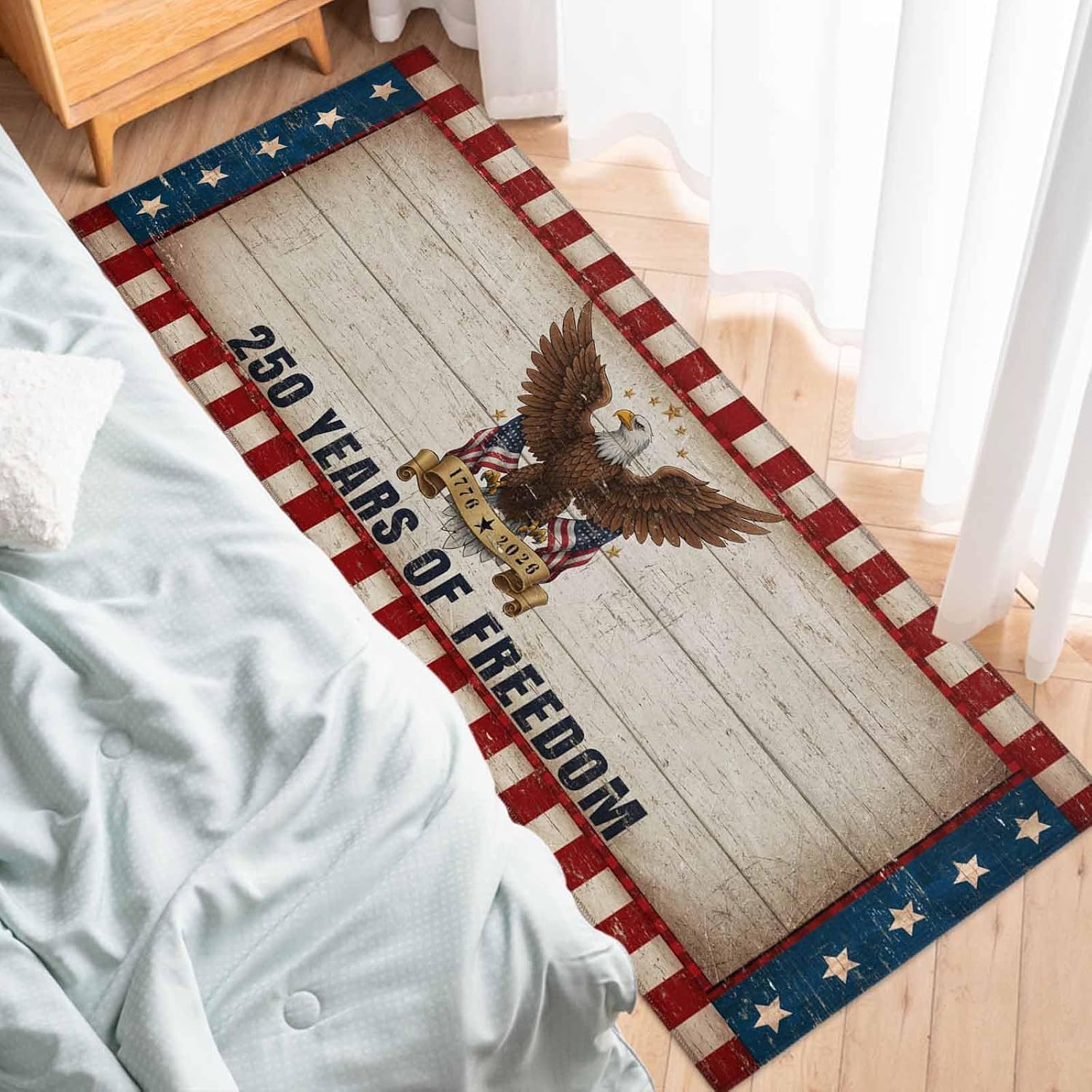 Teamery Kitchen Mats for Floor 250 Years of Freedom Washable Non Slip Kitchen Rugs 1PCS, Bald Eagle Patriotic Stars Absorbent Standing Mats for Sink Bathroom Office Living Room 15.7x47.2in